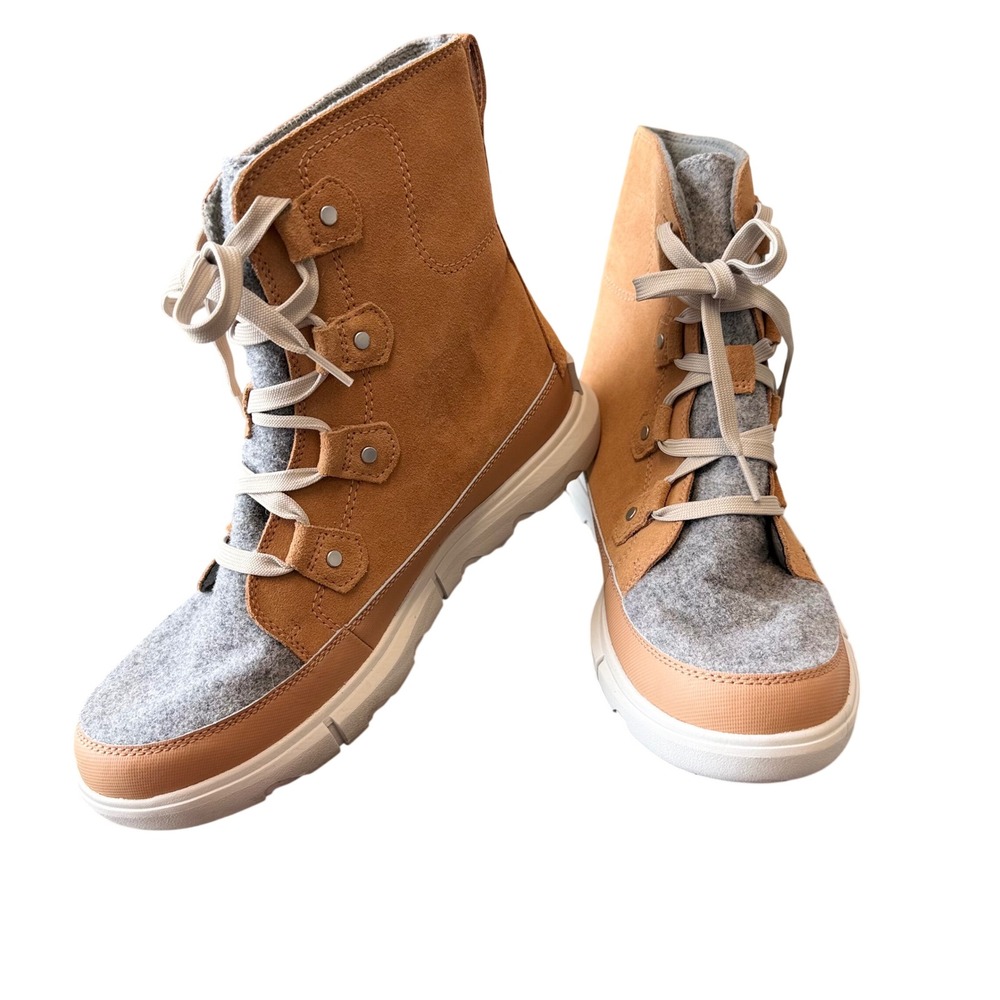 Sorel Explorer II Joan Women's 11 Tan Gray Waterproof Suede Faux Fur Boots